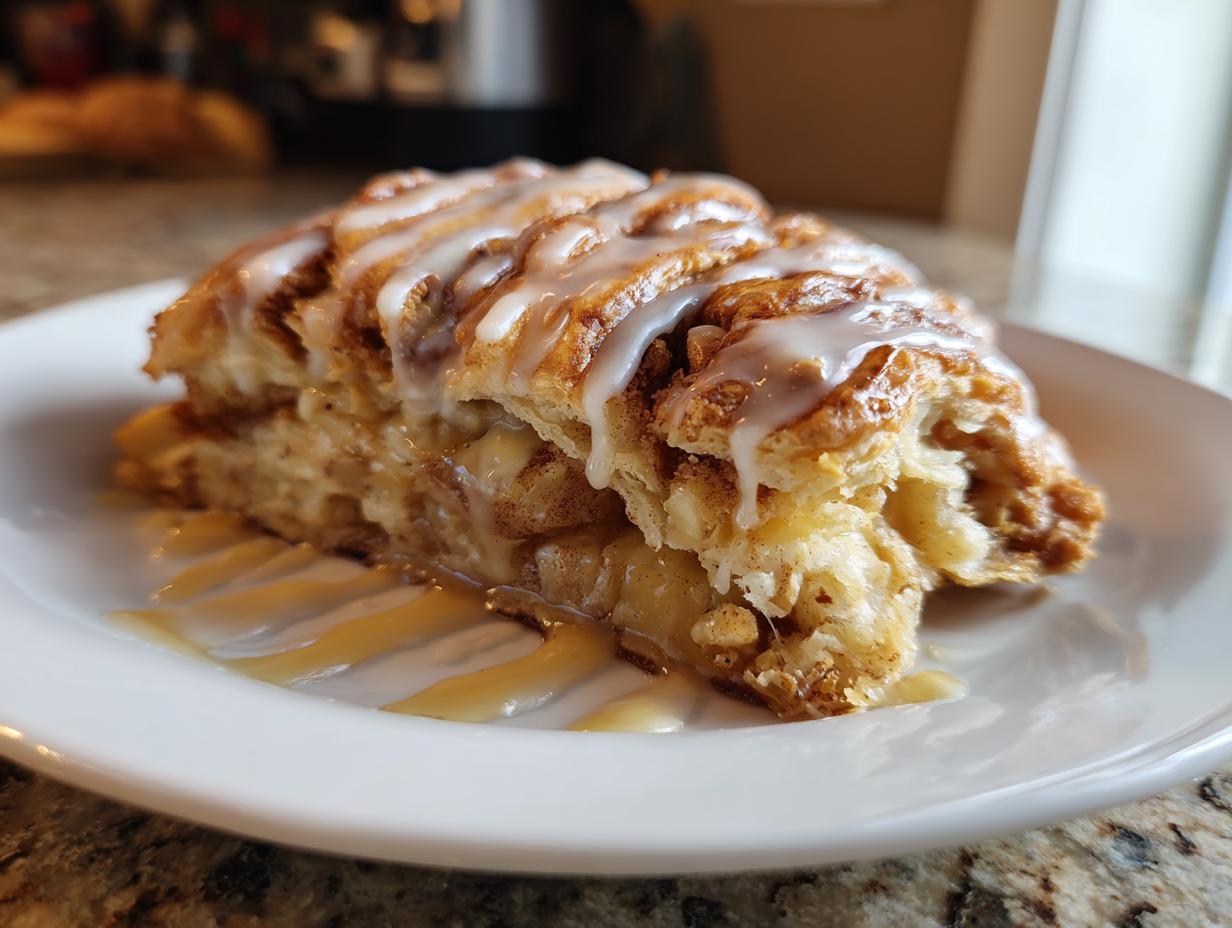 Close-up of a flaky slice of apple strudel topped with white icing and caramel sauce on a white plate.