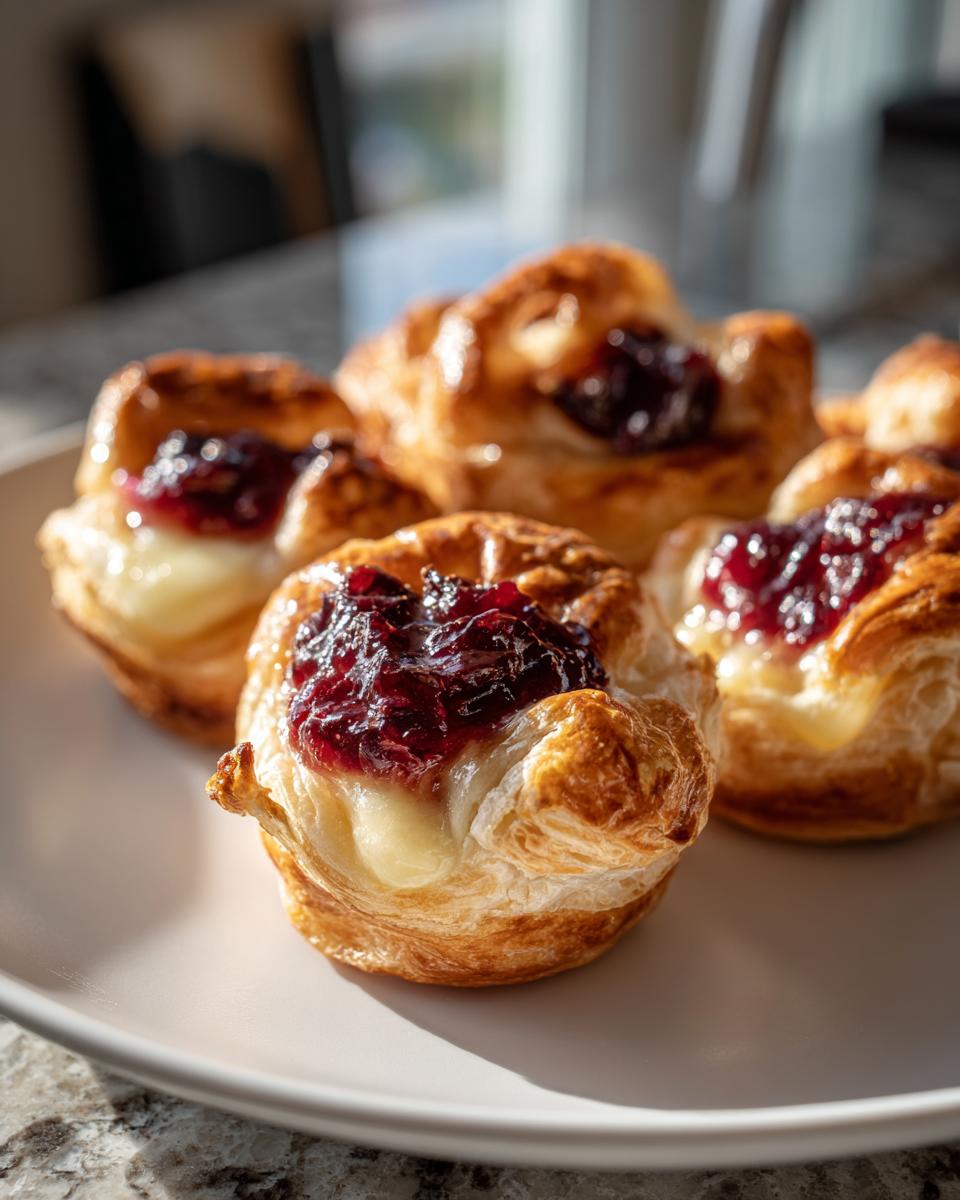 Close-up of golden puff pastry brie bites topped with melted brie and dark berry jam.