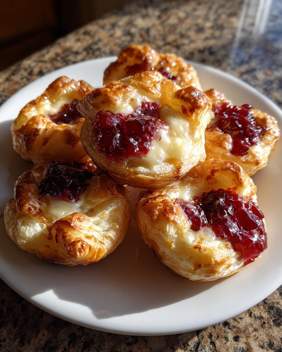 A plate of freshly baked brie bites made with flaky pastry, melted brie cheese, and a dollop of red jam.