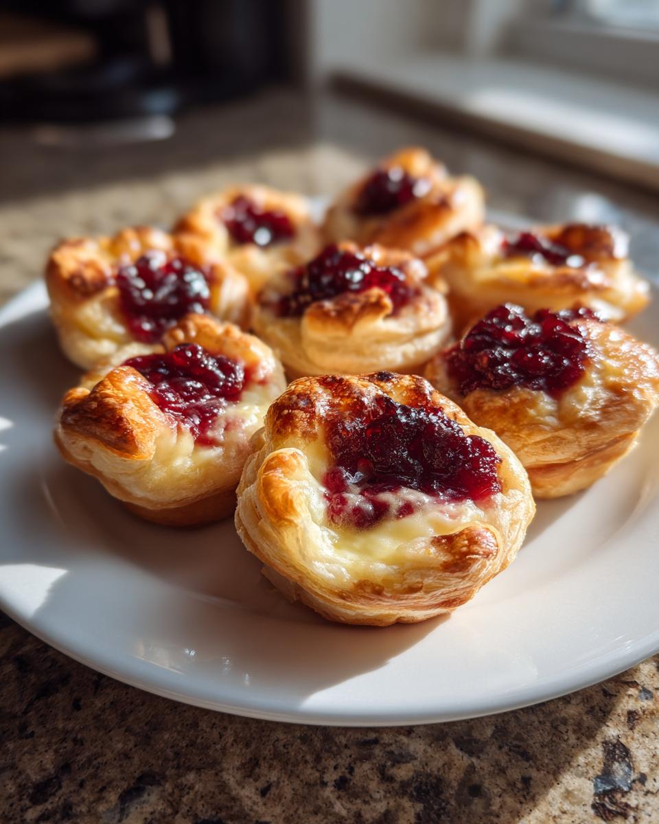 A plate of freshly baked brie bites topped with dark red jam, catching warm sunlight.