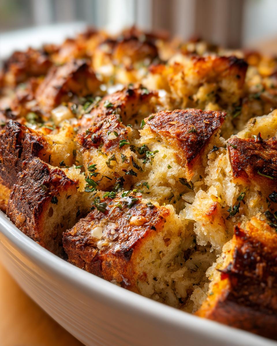 Close-up of perfectly baked stuffing with crispy, golden-brown tops and fresh herbs sprinkled over the bread cubes.