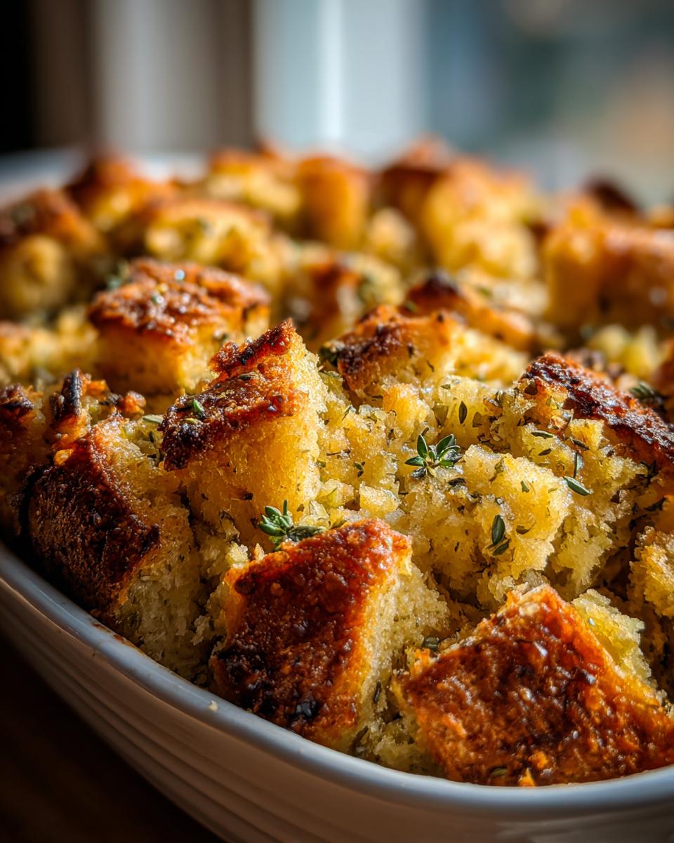 Close-up of perfectly baked stuffing with crispy golden-brown tops and fresh thyme sprigs.