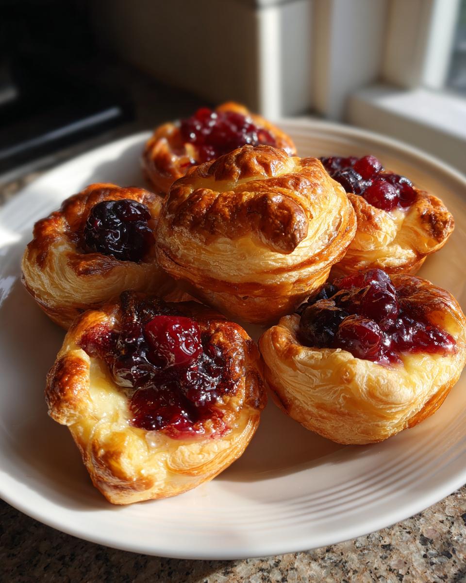 Close-up of golden baked brie bites topped with dark cherry jam on a white plate.