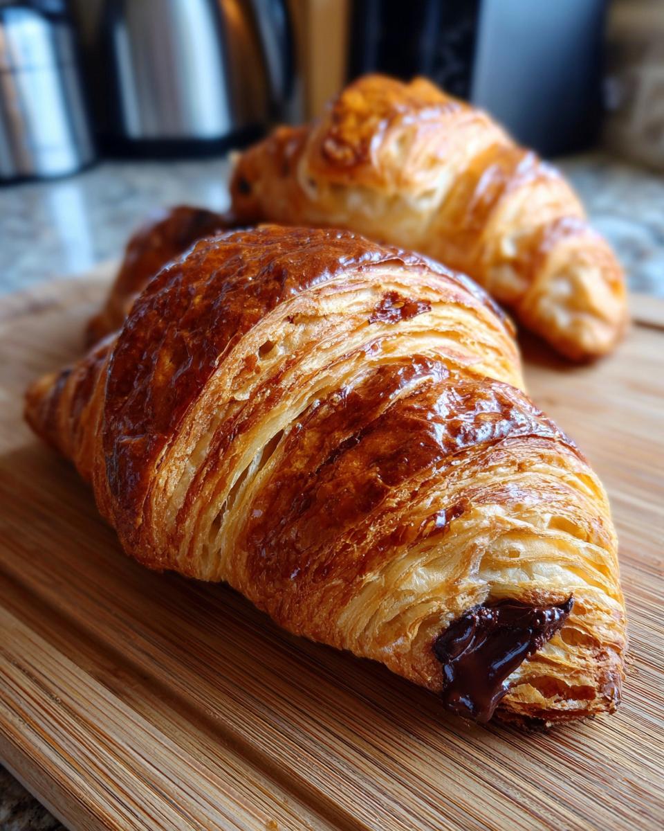 Close-up of a golden, flaky chocolate croissant with melted chocolate oozing out, resting on a wooden board.