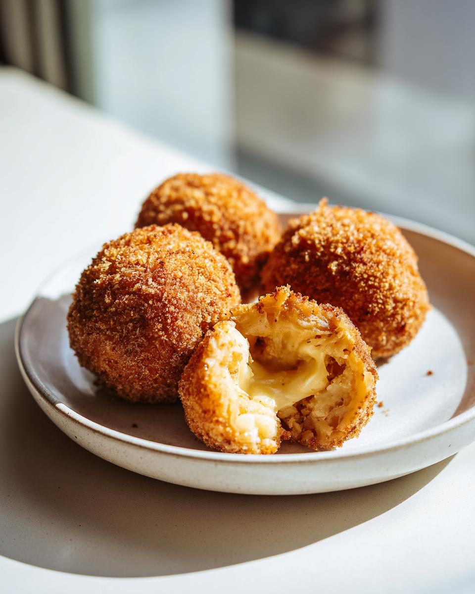 Four golden, crispy fried rice balls on a plate, one broken open revealing a gooey melted cheese center.