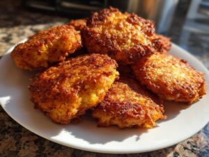 A pile of golden brown, crispy fried cornbread patties served on a white plate.