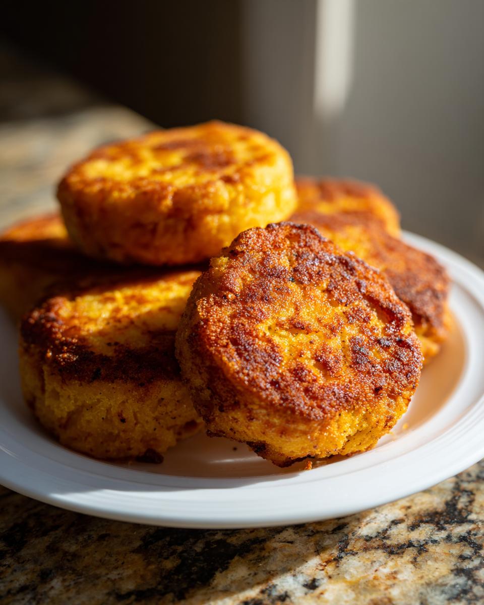 Close-up of several golden brown, round pieces of fried cornbread stacked on a white plate.