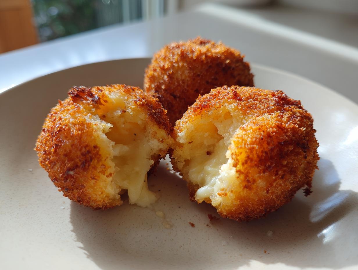 Close-up of three golden-brown, crispy fried rice balls, one broken open revealing a melted, cheesy interior.