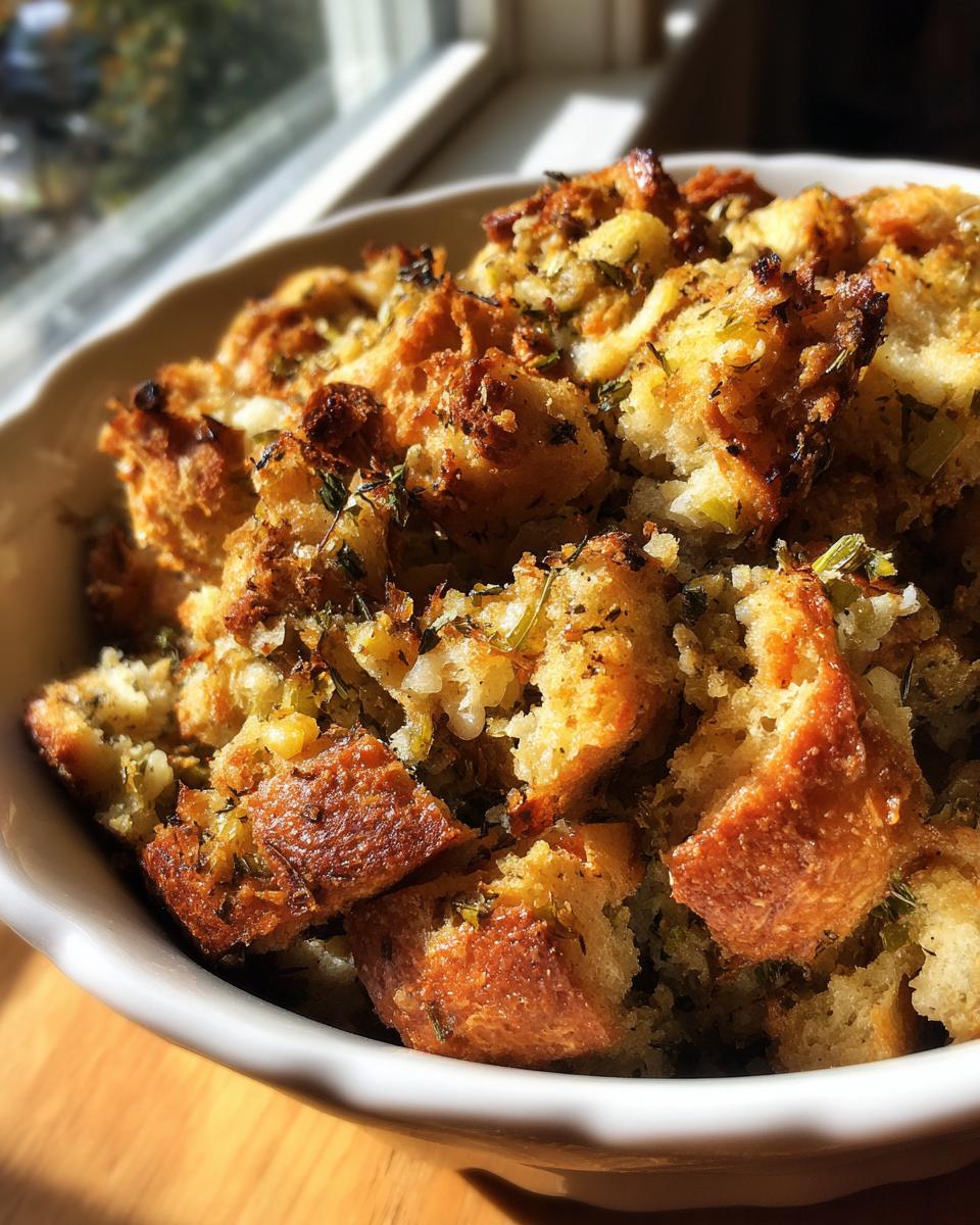 Close-up of golden brown, herb-seasoned homemade stuffing served in a white bowl.