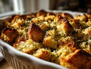Close-up of perfectly baked, golden brown homemade stuffing topped with fresh herbs in a white baking dish.
