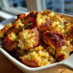 Close-up of golden brown, crispy homemade stuffing cubes garnished with fresh thyme.