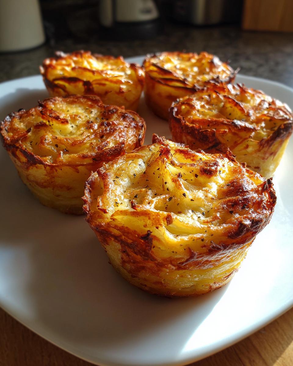 Five golden brown, crispy individual potato stacks baked in muffin tins, served on a white plate.