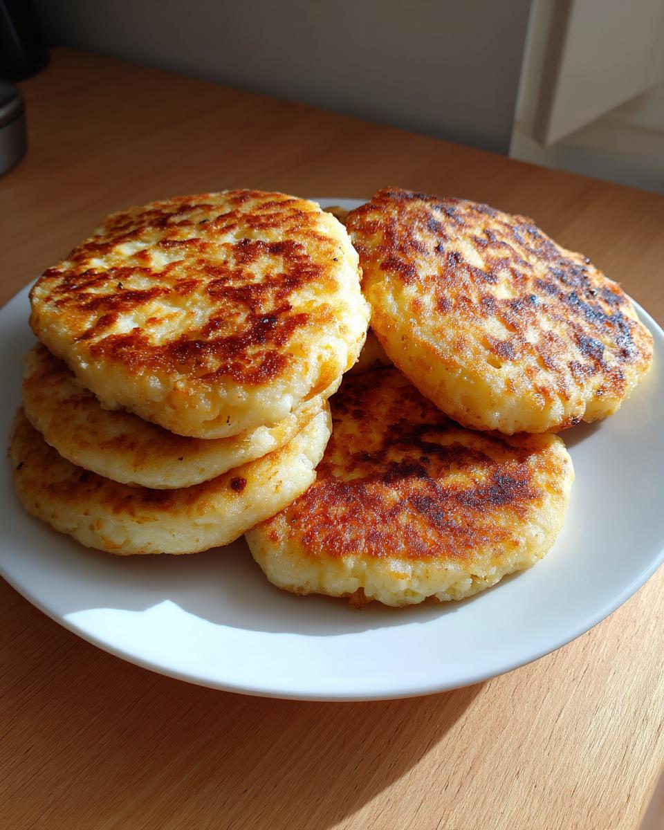 A stack of five golden brown, pan-fried Irish potato farls resting on a white plate under natural light.