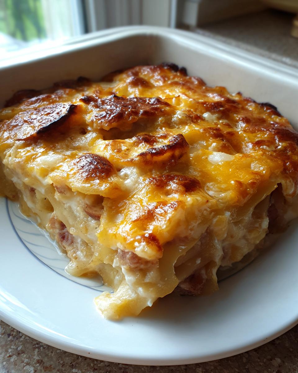 A close-up of a square slice of baked pierogi casserole with a bubbly, golden-brown cheese topping, served on a white plate.