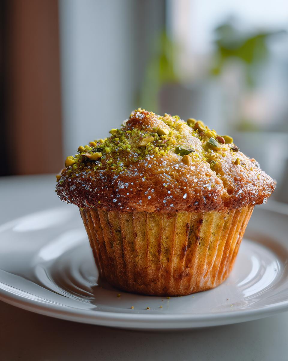 A single, golden-brown pistachio muffin topped with coarse sugar crystals and chopped pistachios, resting on a white plate.