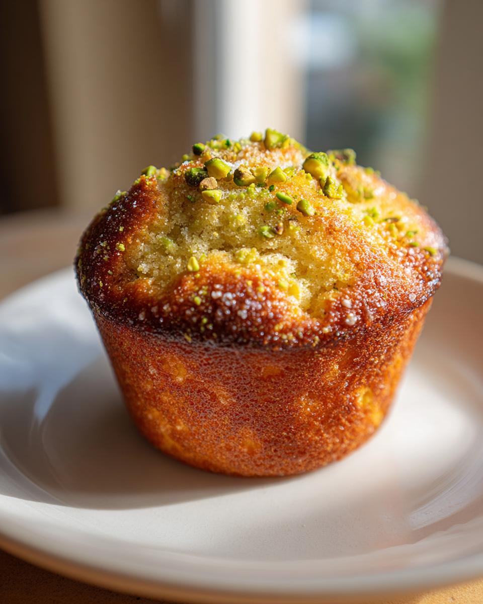 A single, golden-brown pistachio muffin topped with chopped pistachios and sugar, sitting on a white plate.