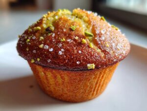 Close-up of a perfectly baked pistachio muffin topped with coarse sugar crystals and chopped pistachios.