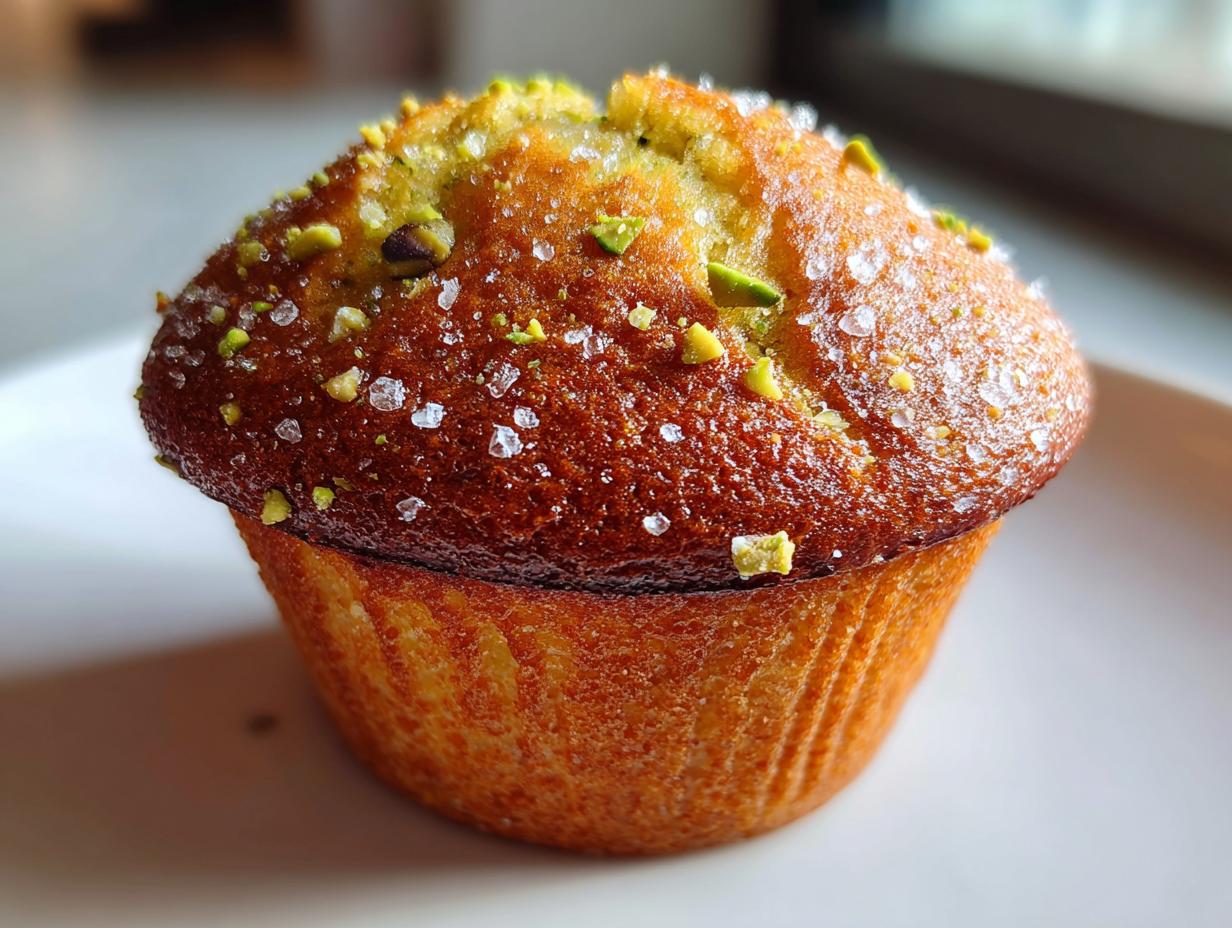 Close-up of a perfectly baked pistachio muffin topped with coarse sugar crystals and chopped pistachios.