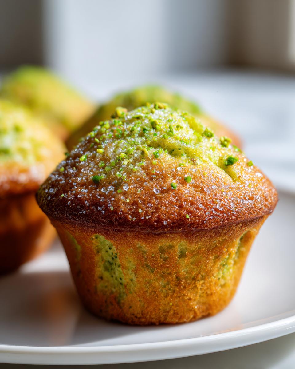 Close-up of a golden-brown pistachio muffin topped with coarse sugar and crushed green pistachios.