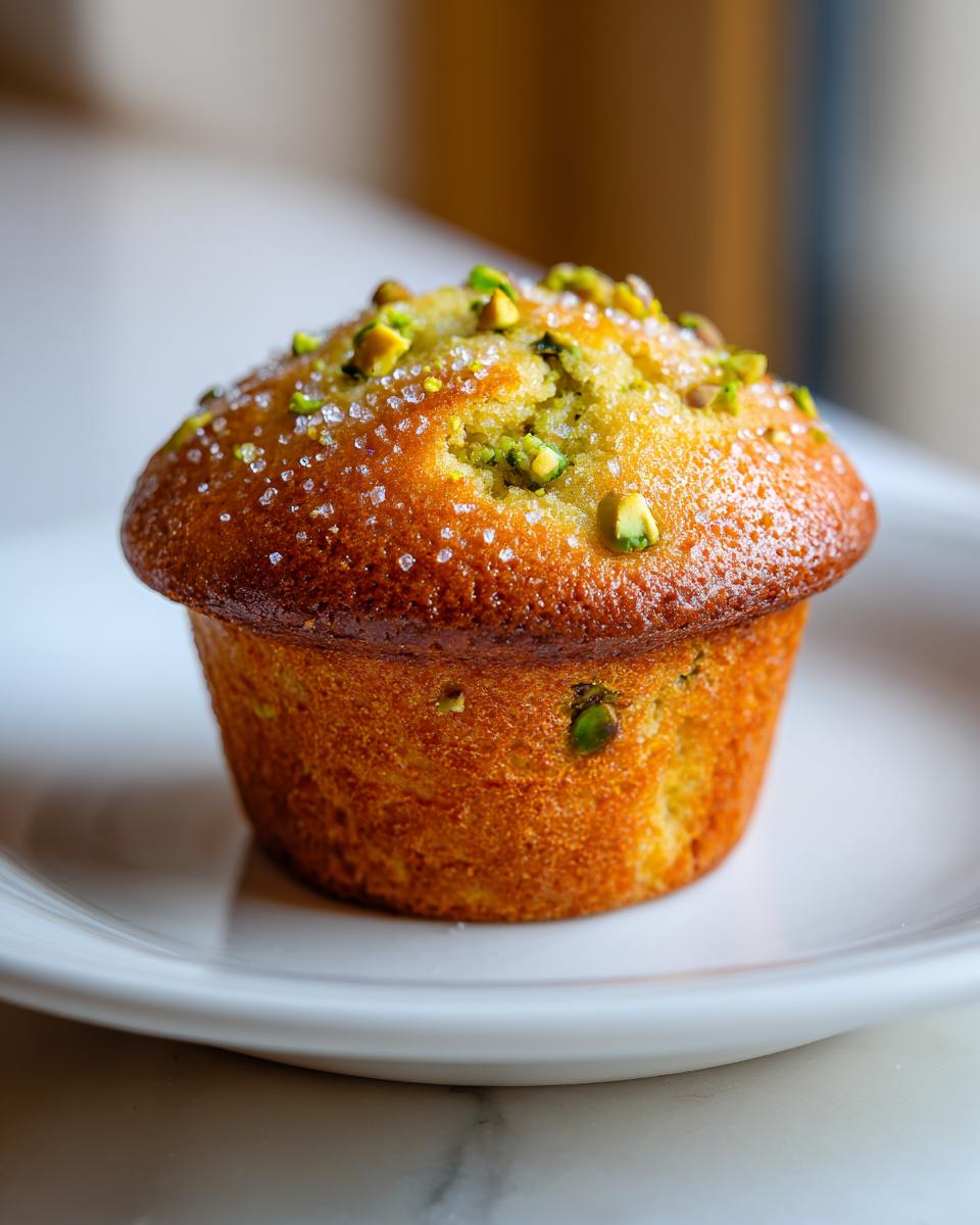 A single, golden-brown pistachio muffin topped with coarse sugar and chopped pistachios, served on a white plate.
