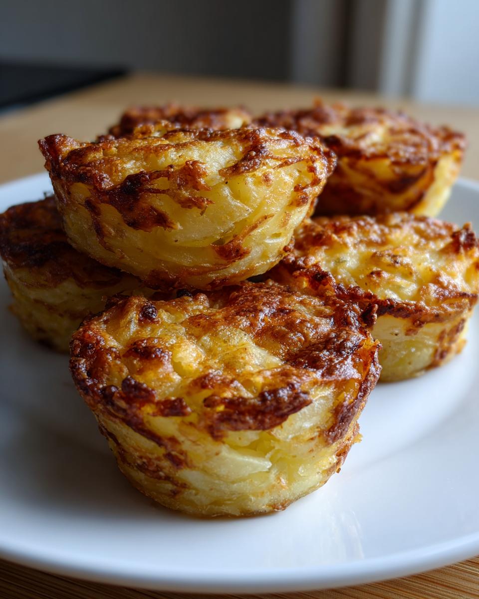 A close-up of several crispy, golden brown potato stacks baked in muffin tins, served on a white plate.