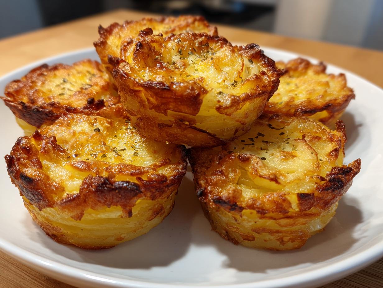 Five crispy, golden brown individual potato stacks baked in muffin tins, sprinkled with herbs.