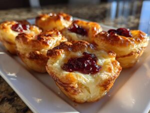 Close-up of several golden, flaky puff pastry brie bites topped with melted brie and a dollop of dark red jam or cranberry sauce.