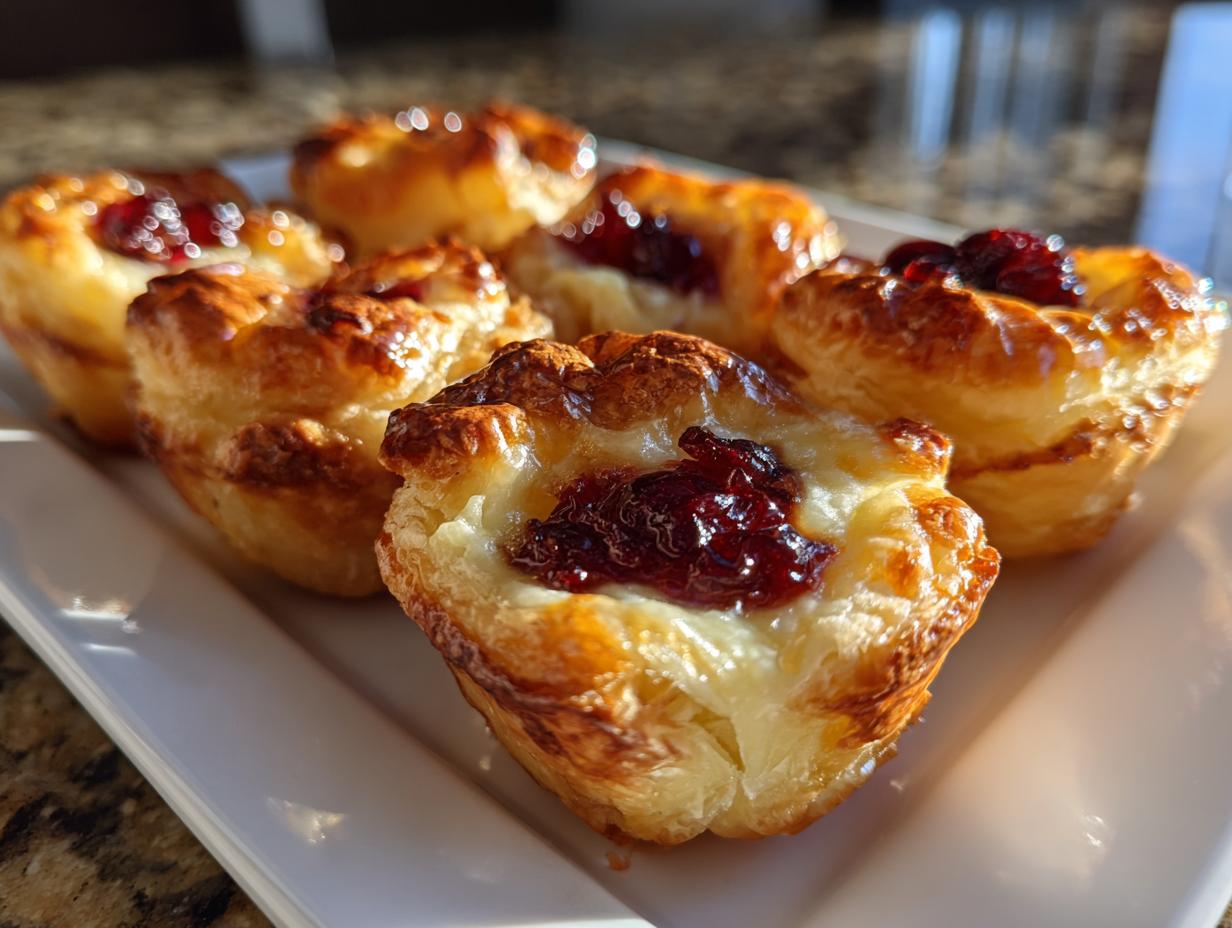 Close-up of several golden, flaky puff pastry brie bites topped with melted brie and a dollop of dark red jam or cranberry sauce.