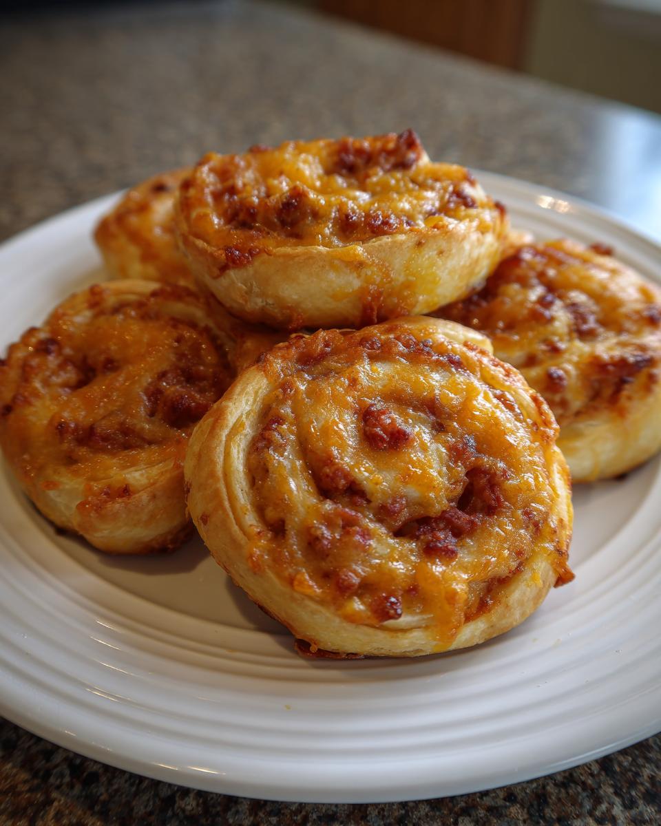 A stack of freshly baked sausage pinwheels topped with melted orange cheddar cheese on a white plate.