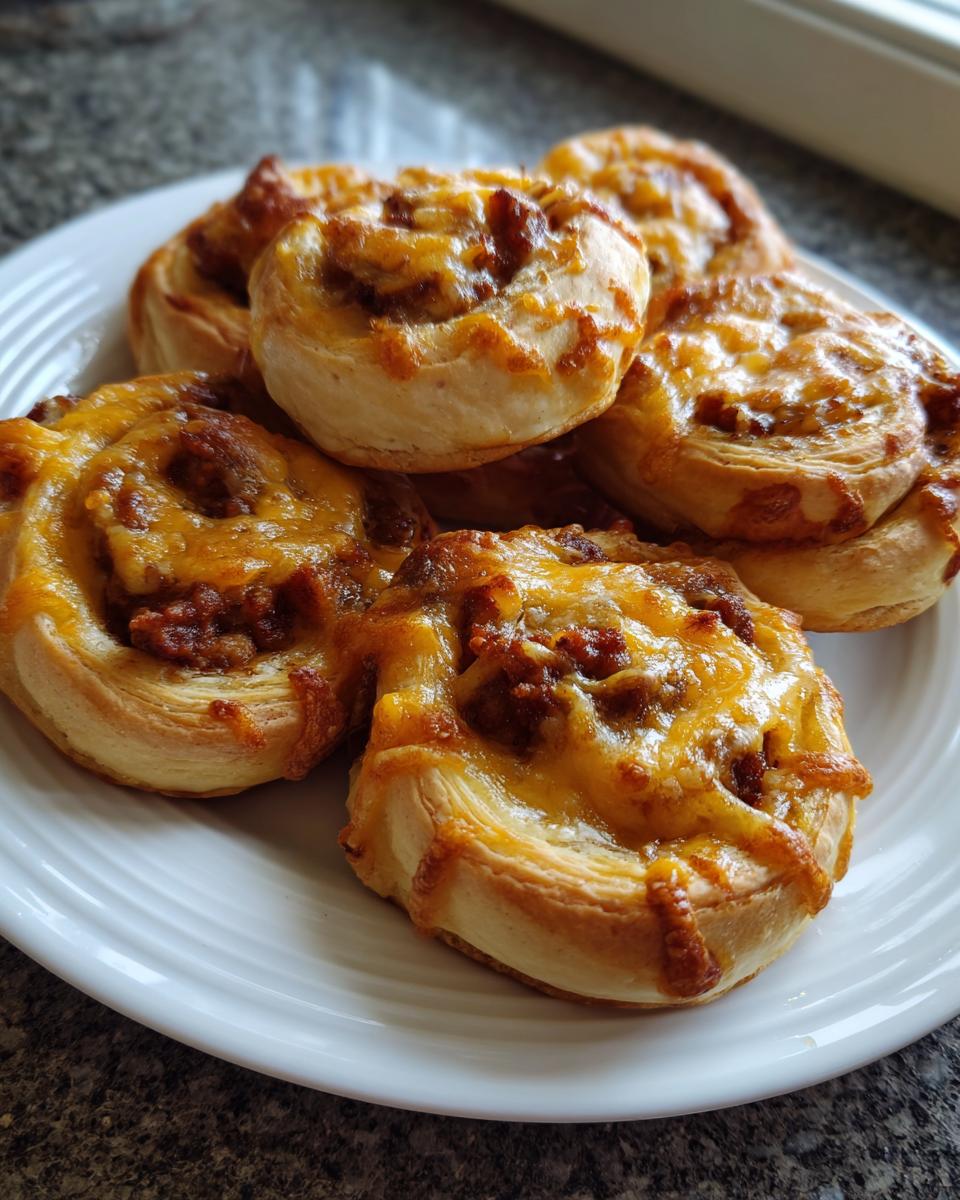 A close-up of several golden brown sausage pinwheels topped with melted, bubbly cheese served on a white plate.