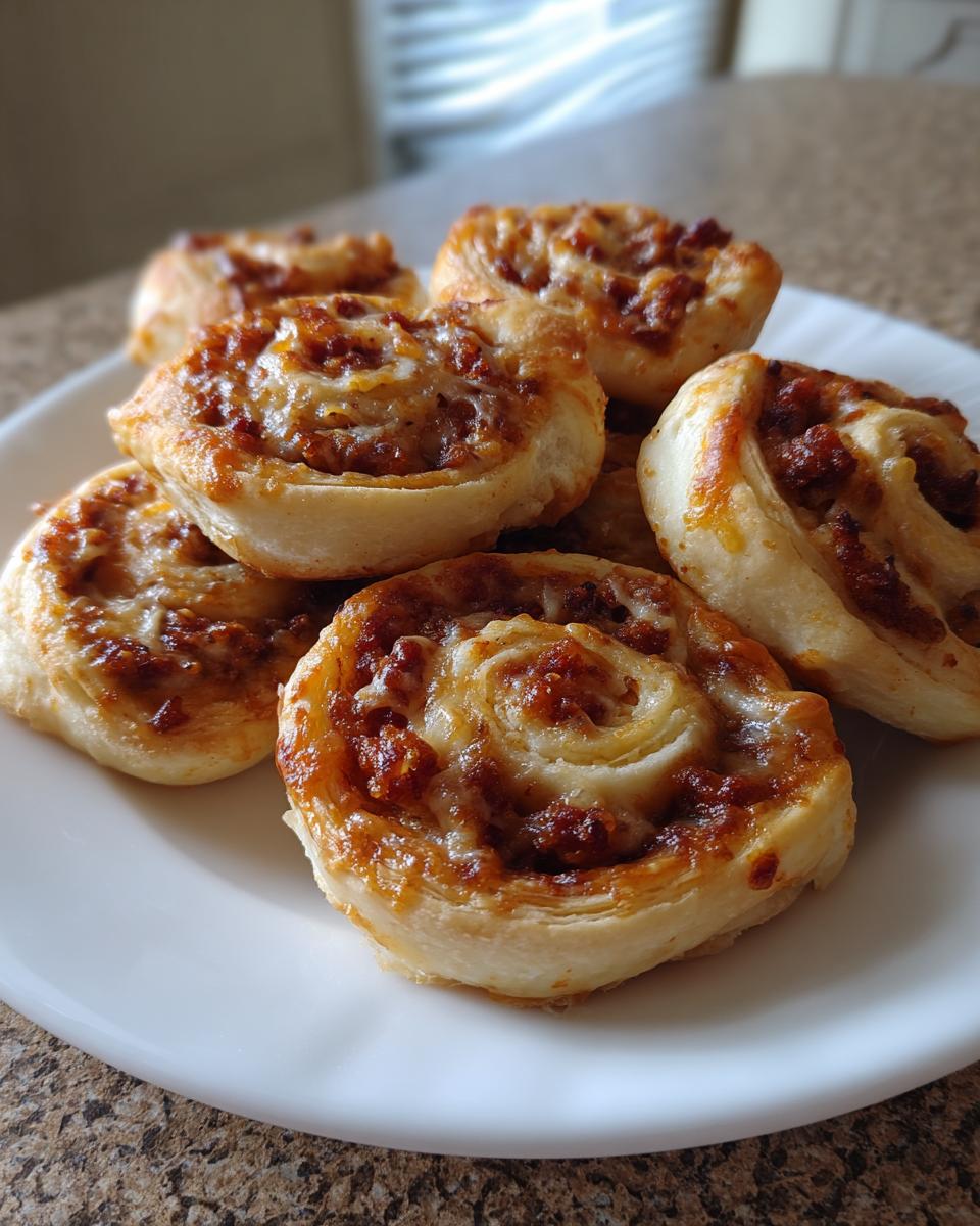 A close-up of several golden brown sausage pinwheels piled on a white plate, showing flaky pastry and savory filling.