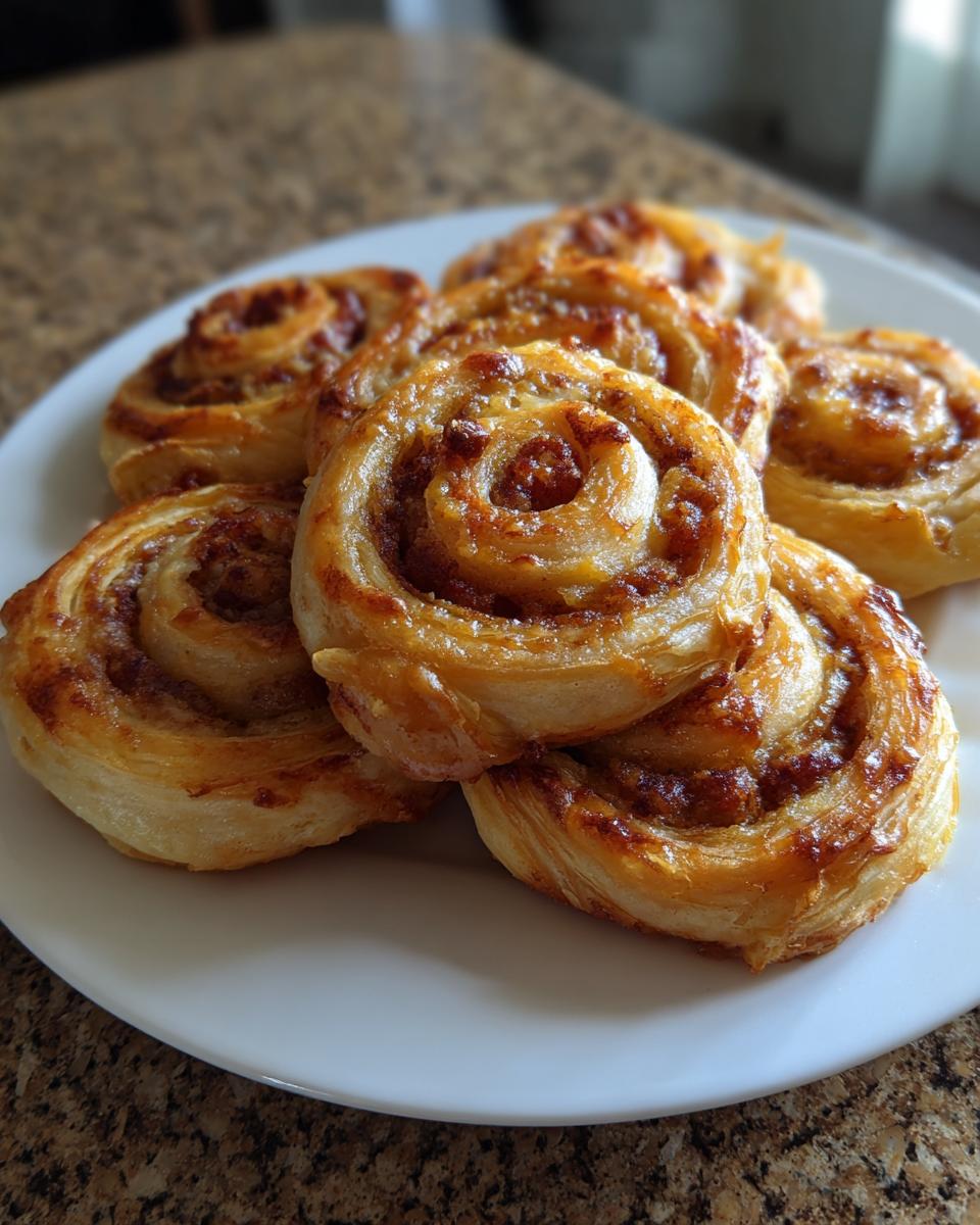 A close-up of several golden brown, flaky sausage pinwheels stacked on a white plate.