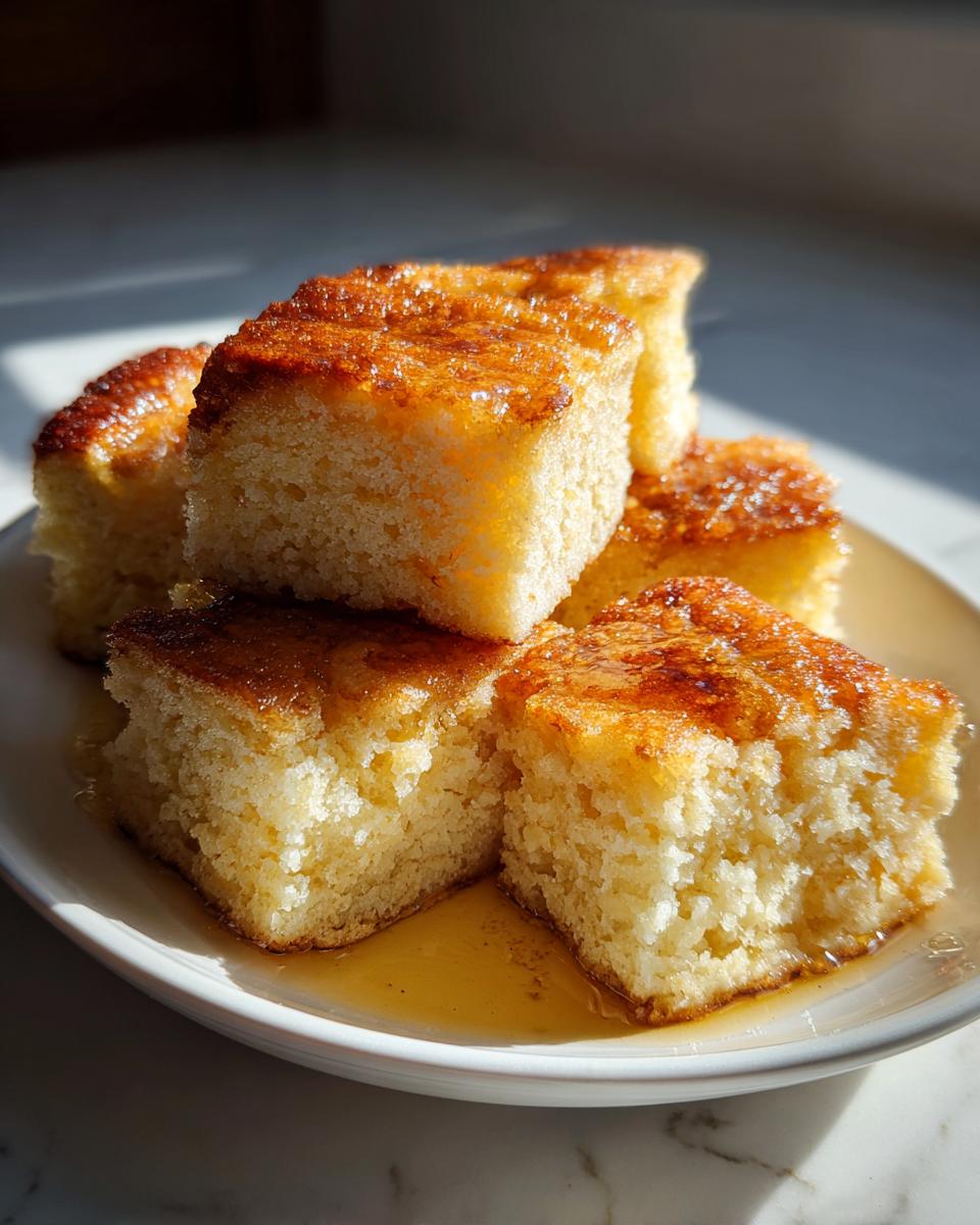 Close-up of golden, fluffy sheet pan pancakes cut into squares and drizzled with syrup.