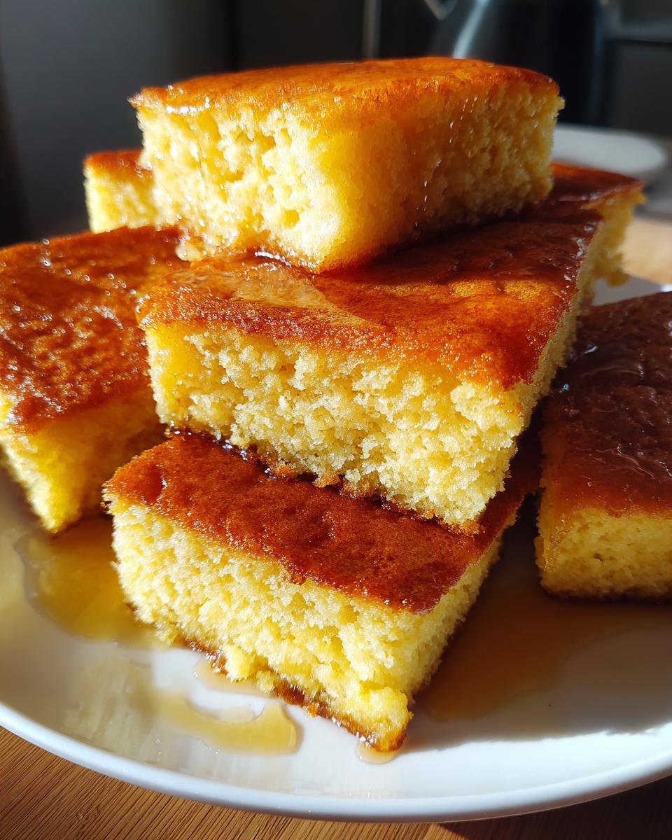 Close-up of thick, golden sheet pan pancakes cut into squares and drizzled with syrup.