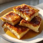 Four square pieces of fluffy sheet pan pancakes stacked on a plate, drizzled generously with maple syrup.