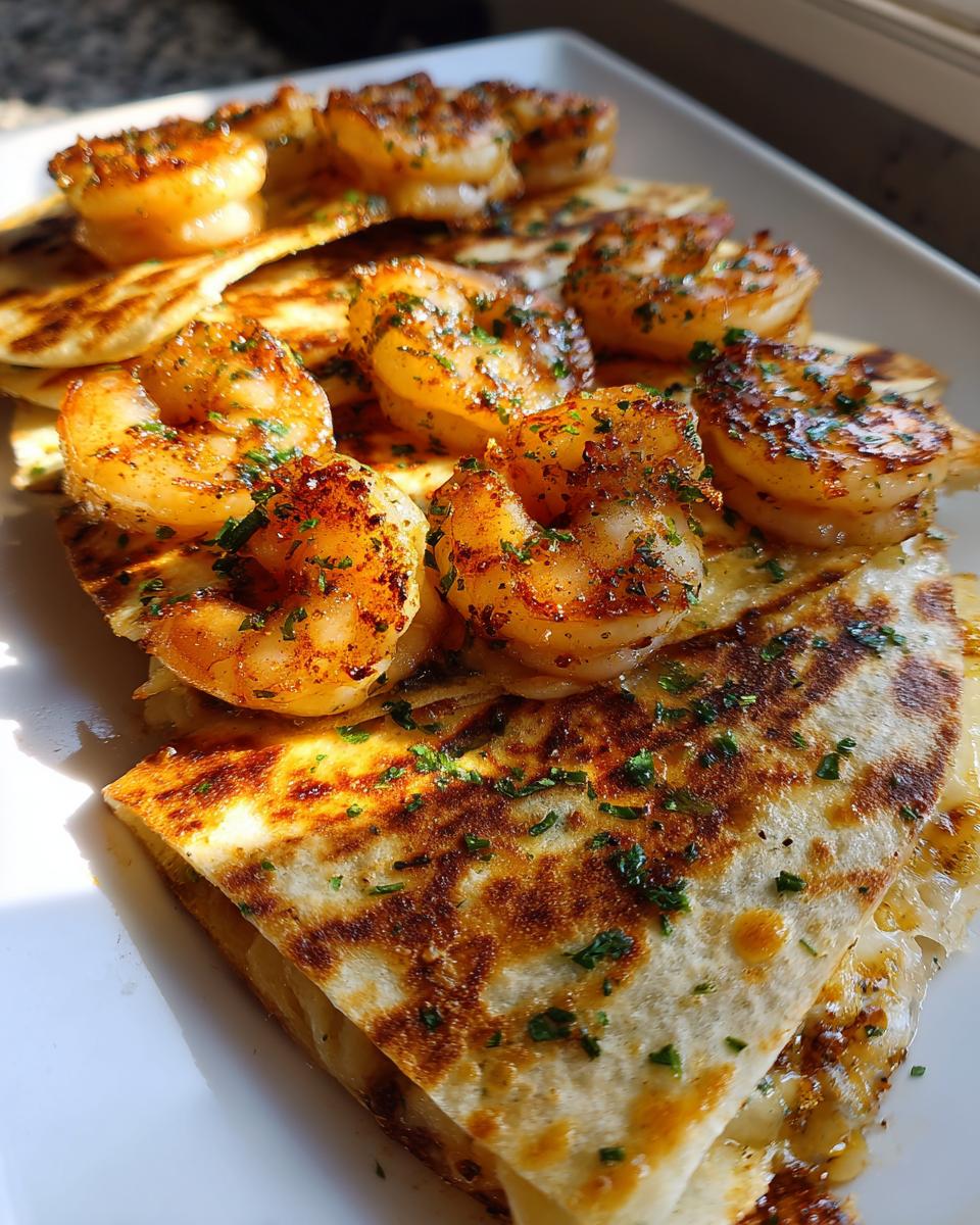 Close-up of a golden-brown shrimp quesadilla slice topped with perfectly seasoned shrimp.