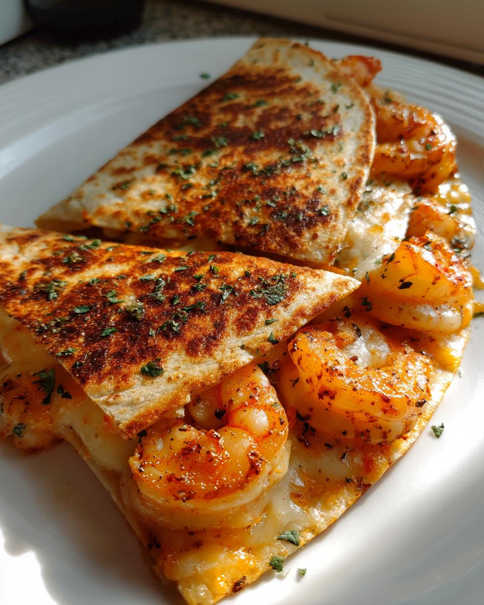 Close-up of two golden brown, folded shrimp quesadilla wedges overflowing with seasoned shrimp and melted cheese.