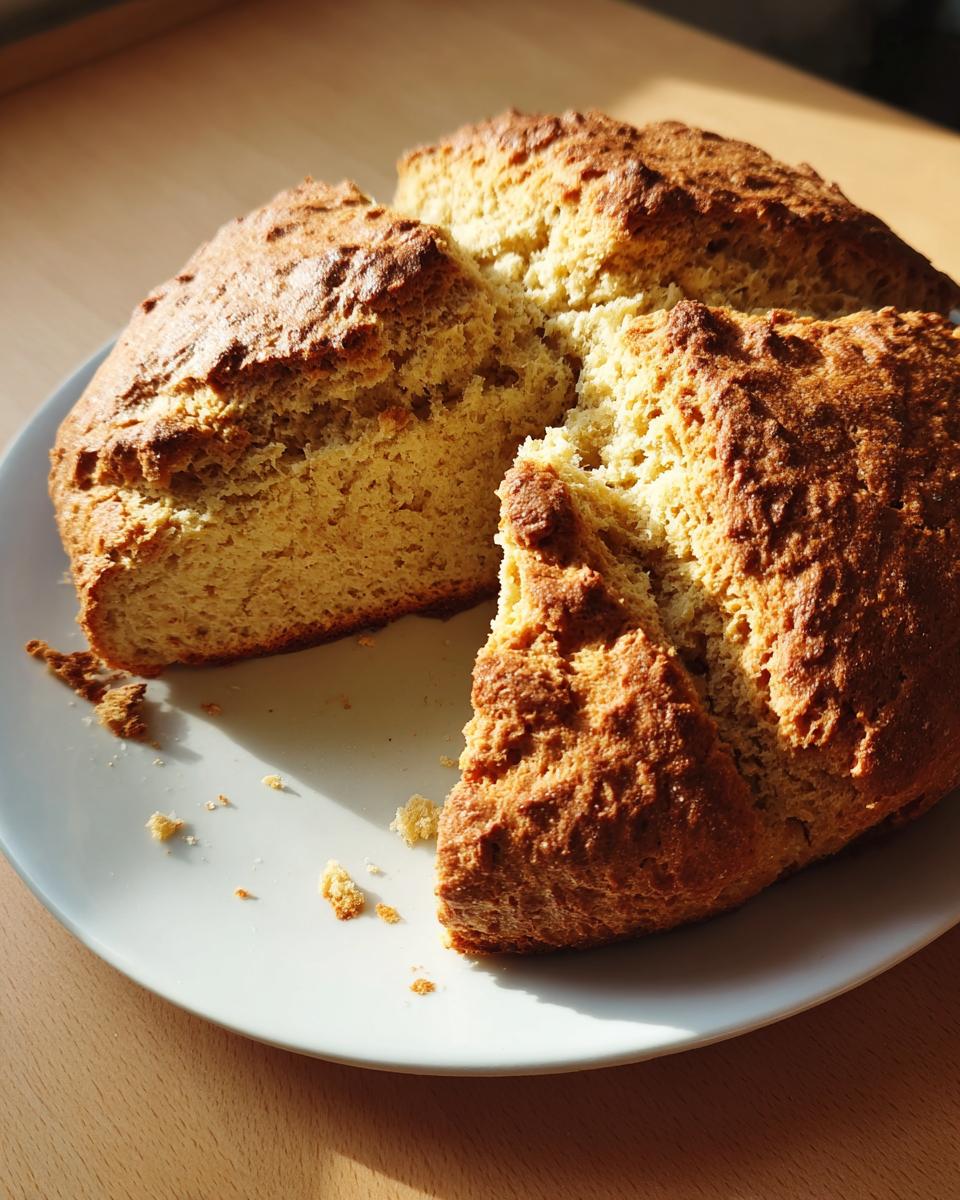 A rustic loaf of golden brown soda bread, cut into wedges, resting on a white plate.