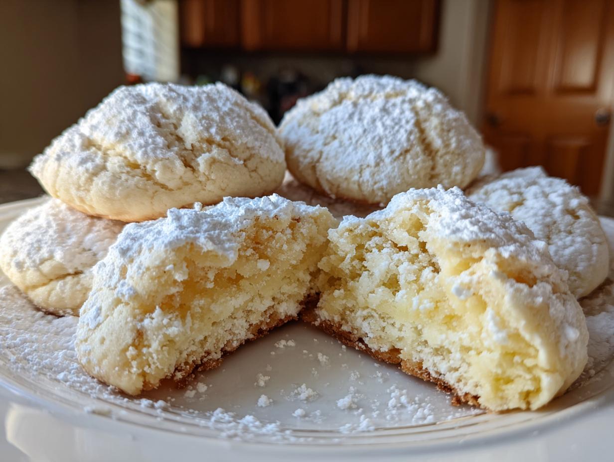 A plate of soft, powdered sugar-dusted gooey butter cookies, one broken open to show the rich, moist interior.