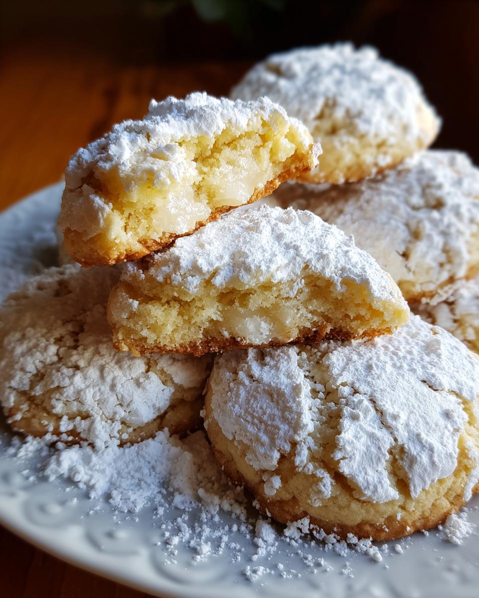 A stack of soft, golden gooey butter cookies heavily dusted with powdered sugar, one cookie is broken open showing the soft interior.