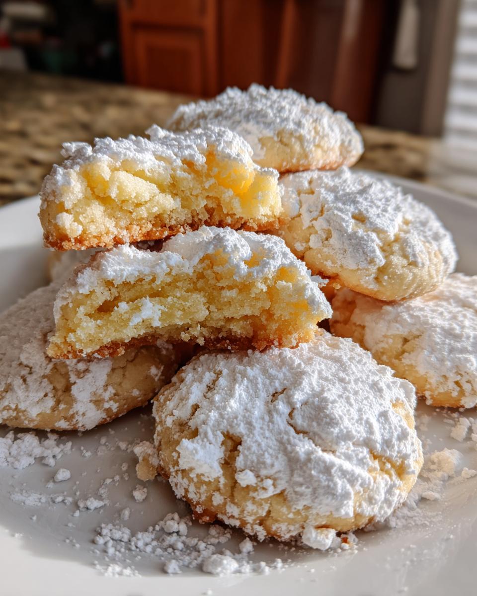 A stack of freshly baked gooey butter cookies heavily dusted with powdered sugar, one cookie is broken open showing the soft interior.