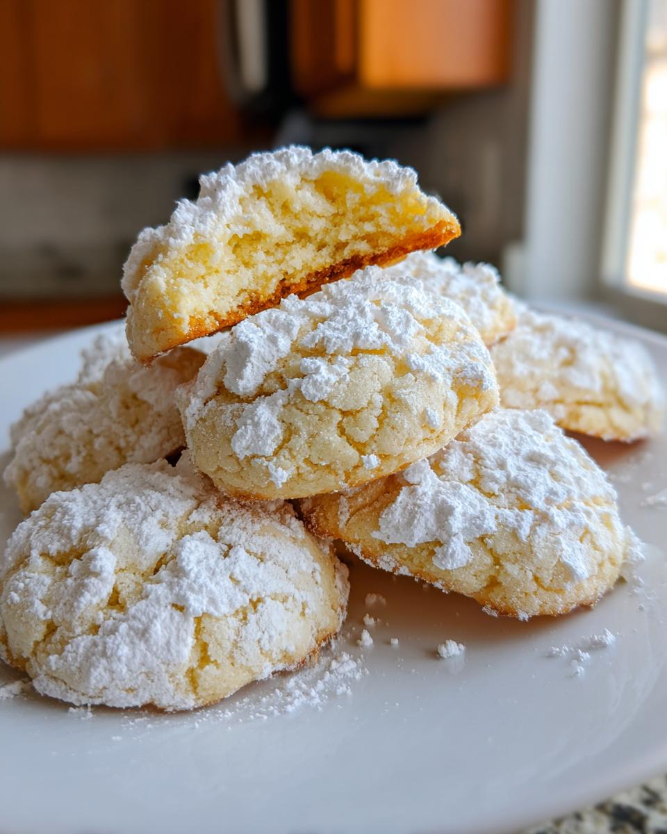 A stack of soft, crinkled gooey butter cookies heavily dusted with powdered sugar, one cookie broken open to show the interior.