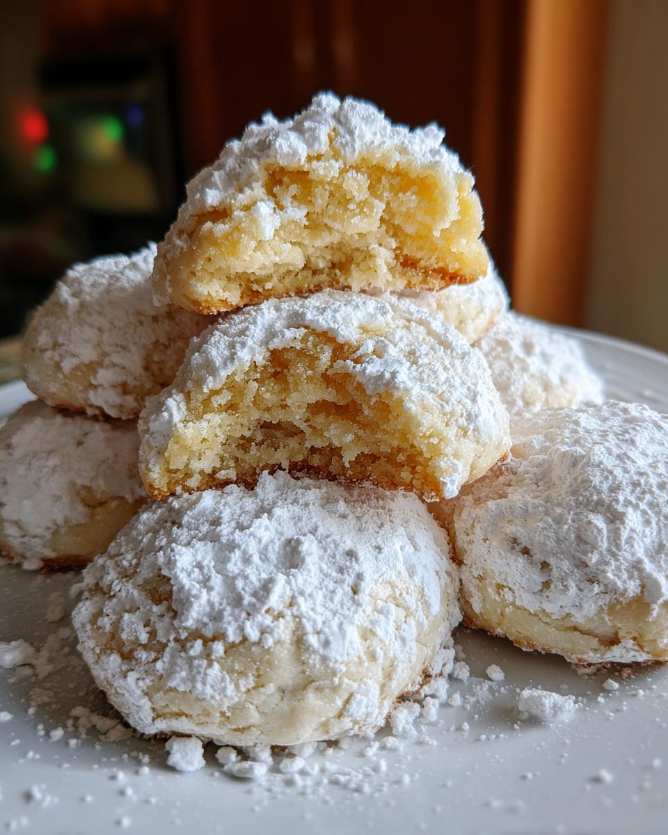 Stack of soft, round gooey butter cookies heavily dusted with powdered sugar, one cookie is broken open.