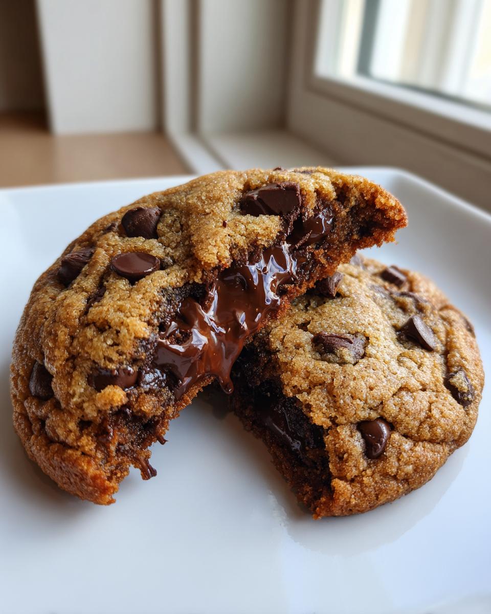 Close-up of a warm chocolate chip cookie broken in half, showing melted, gooey chocolate center.