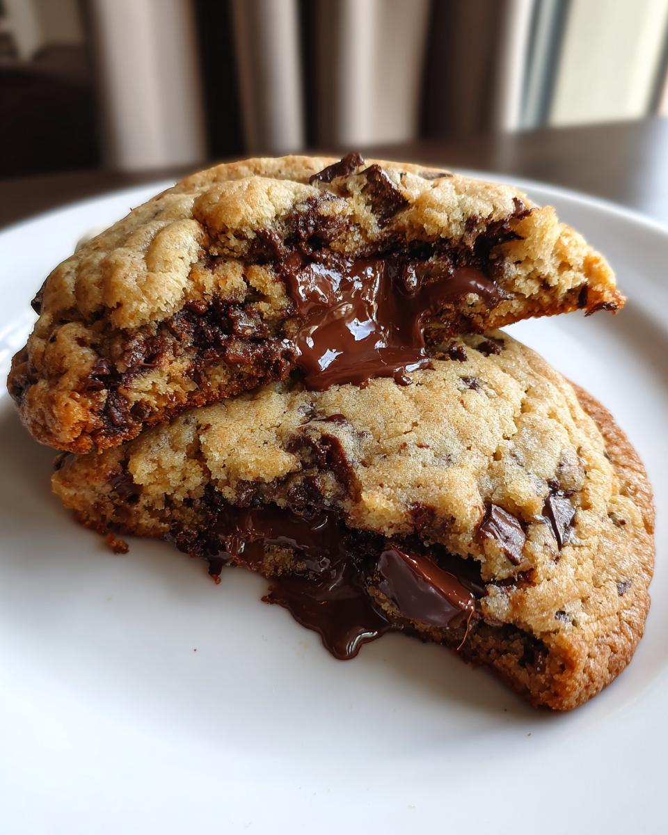 A chocolate chip cookie broken in half revealing a molten, gooey chocolate center.