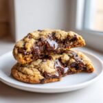 Two halves of a gooey chocolate chip cookie stacked, showing melted chocolate oozing out.