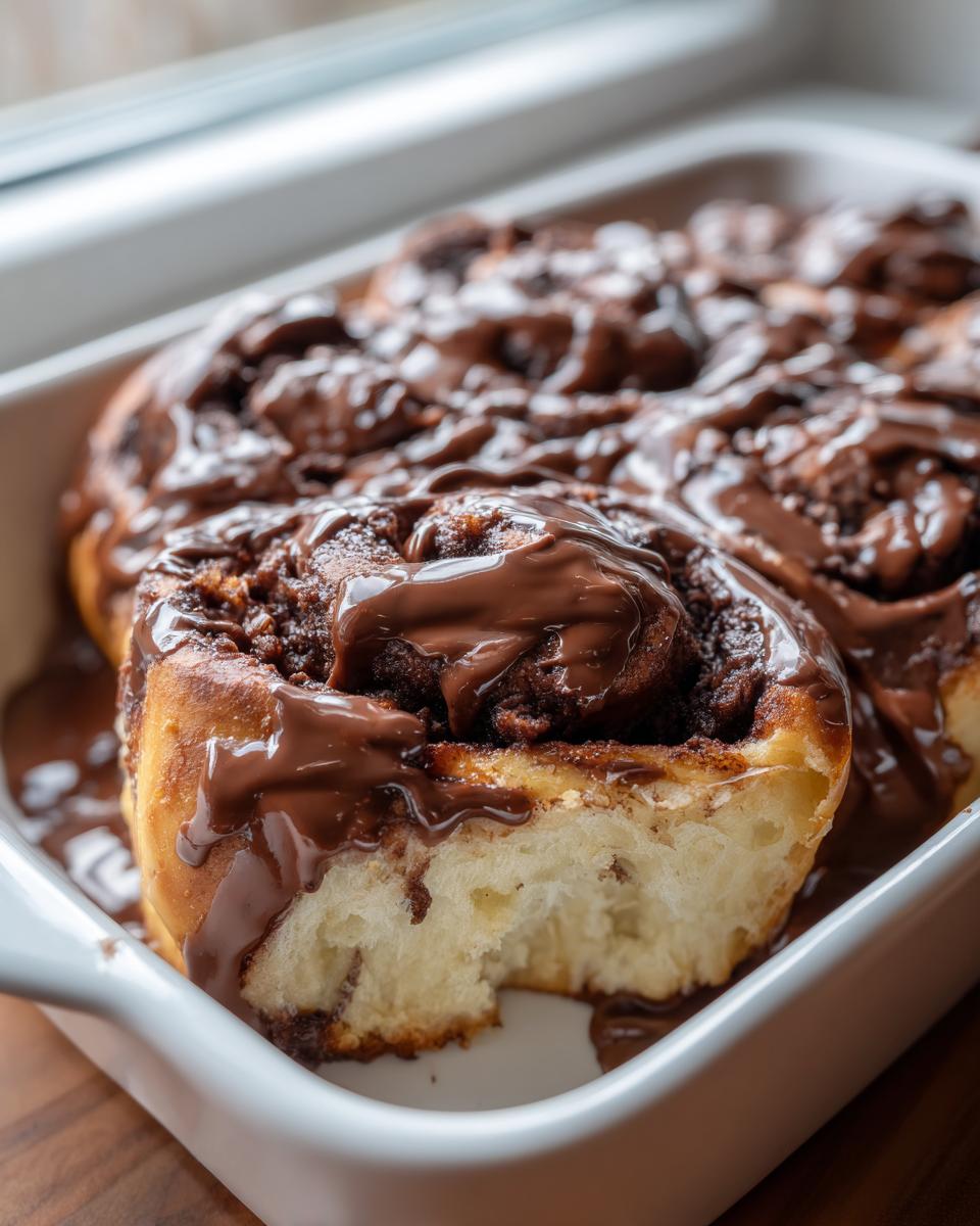 A close-up shot of freshly baked chocolate cinnamon rolls overflowing with melted chocolate glaze in a white baking dish.