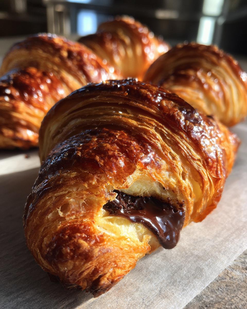 Close-up of a golden brown chocolate croissant with melted chocolate oozing from the flaky layers.
