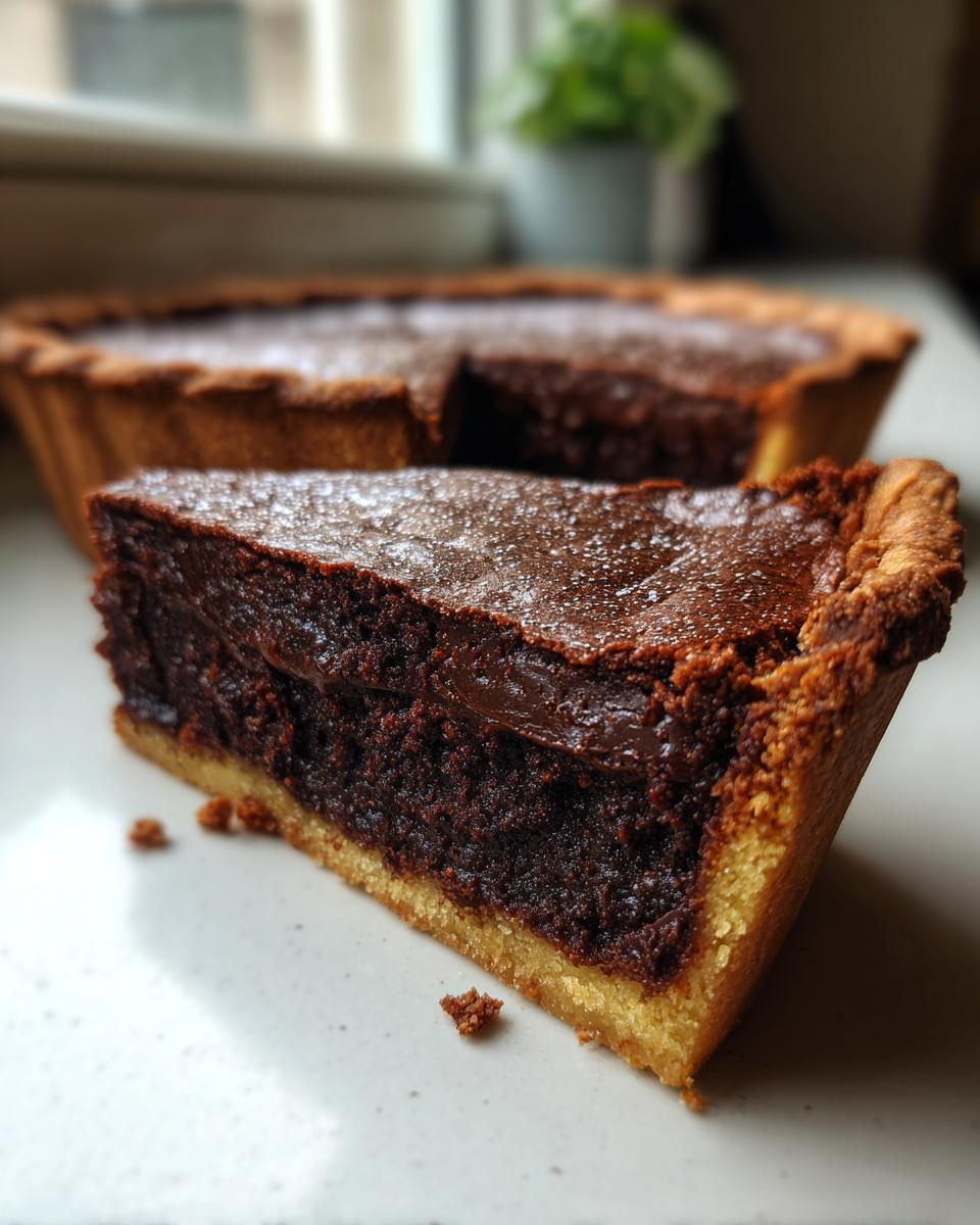 Close-up of a thick slice of rich chocolate fudge pie showing the dark, dense filling and golden crust.