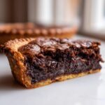 Close-up of a slice of rich, gooey chocolate fudge pie showing the dark, moist filling and flaky crust.